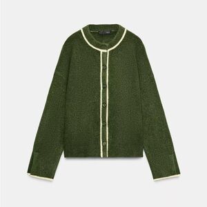Zara Green Cardigan with Cream Trim